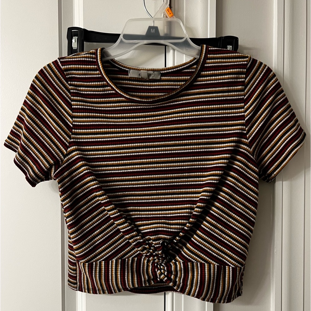 Gaze Red, Black, White, & Gold Striped Twist-front Crop-top